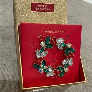 Holiday Lane Crystal Wreath Brooch - Red and Green